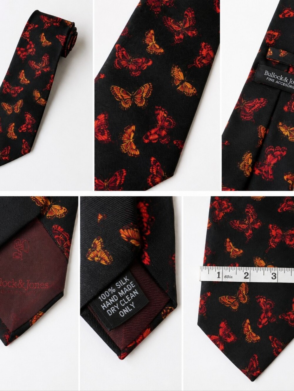 Bullock & Jones 100% Silk Butterfly Print Tie Black Red Orange Novelty Necktie